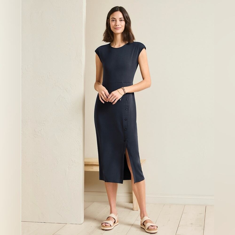 NWT Garnet Hill Cap Sleeve Knit Column Dress Navy Blue Size XL Tencel Lyocell